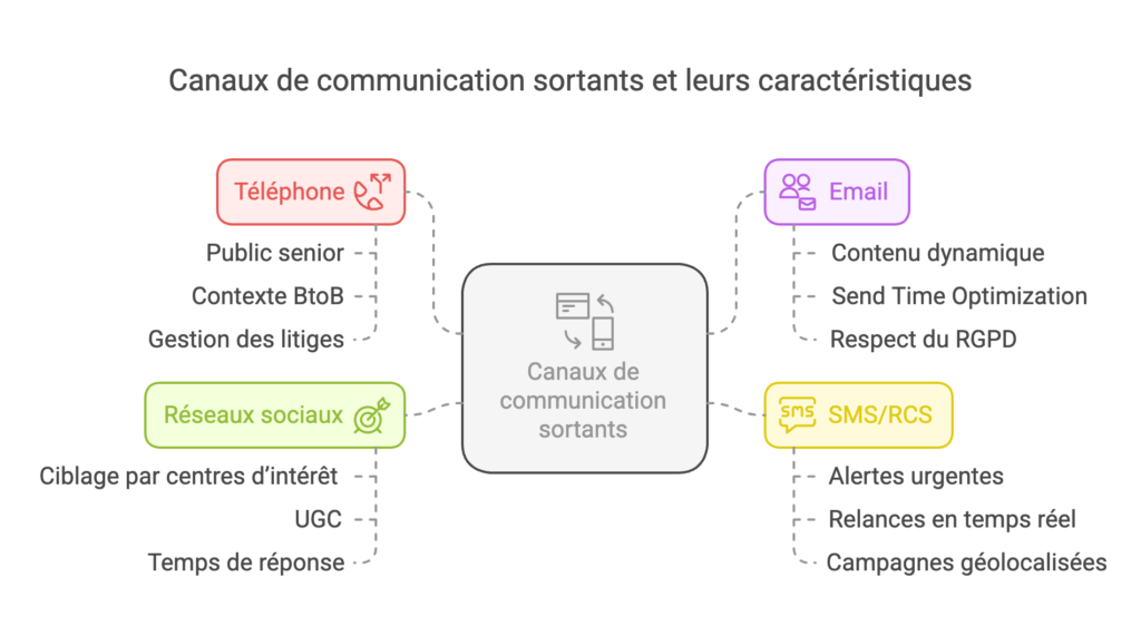 Schéma de présentation des Canaux de communication sortants et leurs caractéristiques